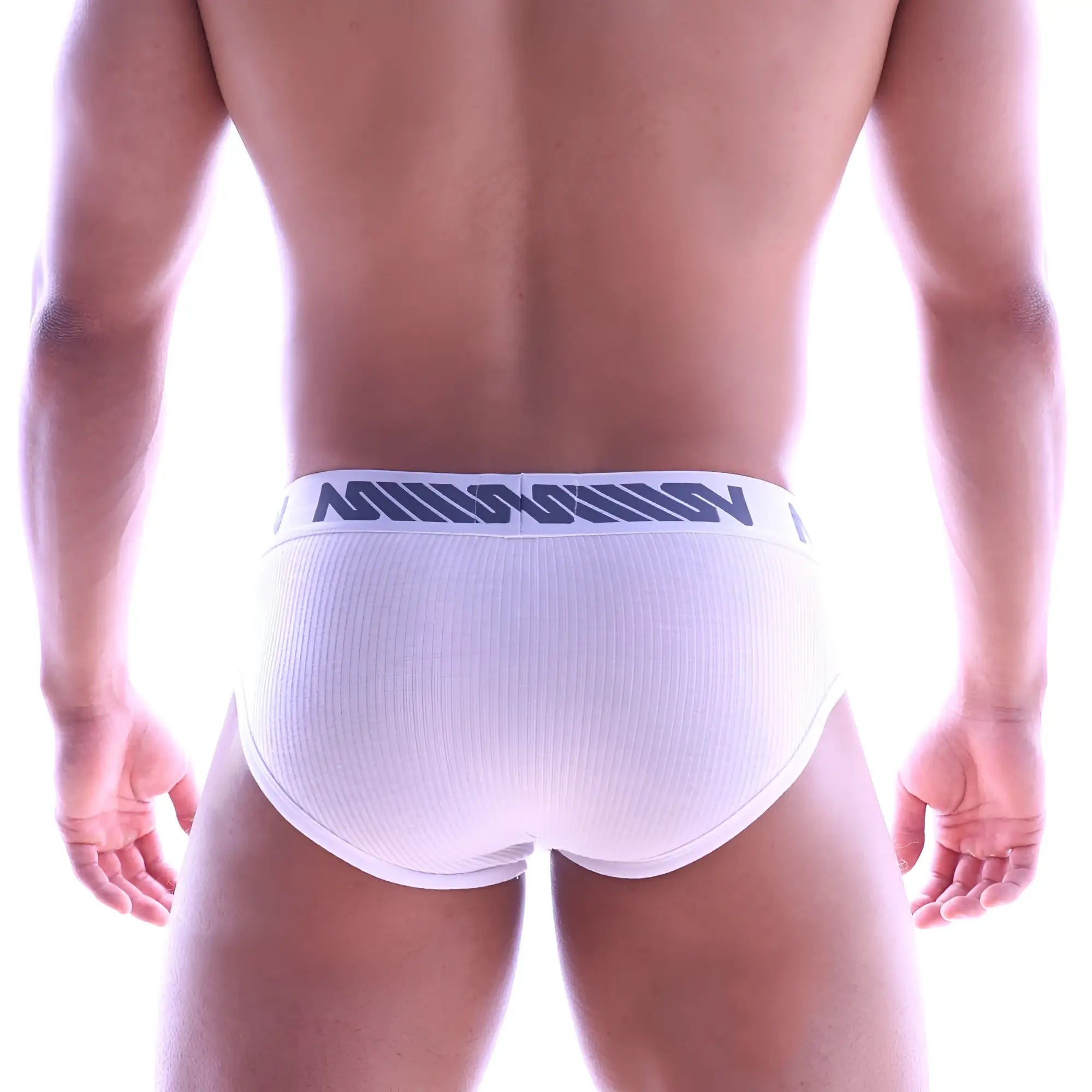 White ribbed briefs by MetroMaleWear featuring a navy blue logo waistband band in classic cotton material