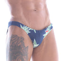Navy blue bikini briefs with a light green leaf pattern from metromalewear classic swim bikini beach 4937-30