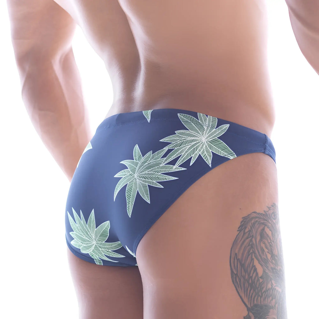 Navy blue metroMalewear classic swim bikini beach trunks with light green cannabis leaf pattern for beachwear