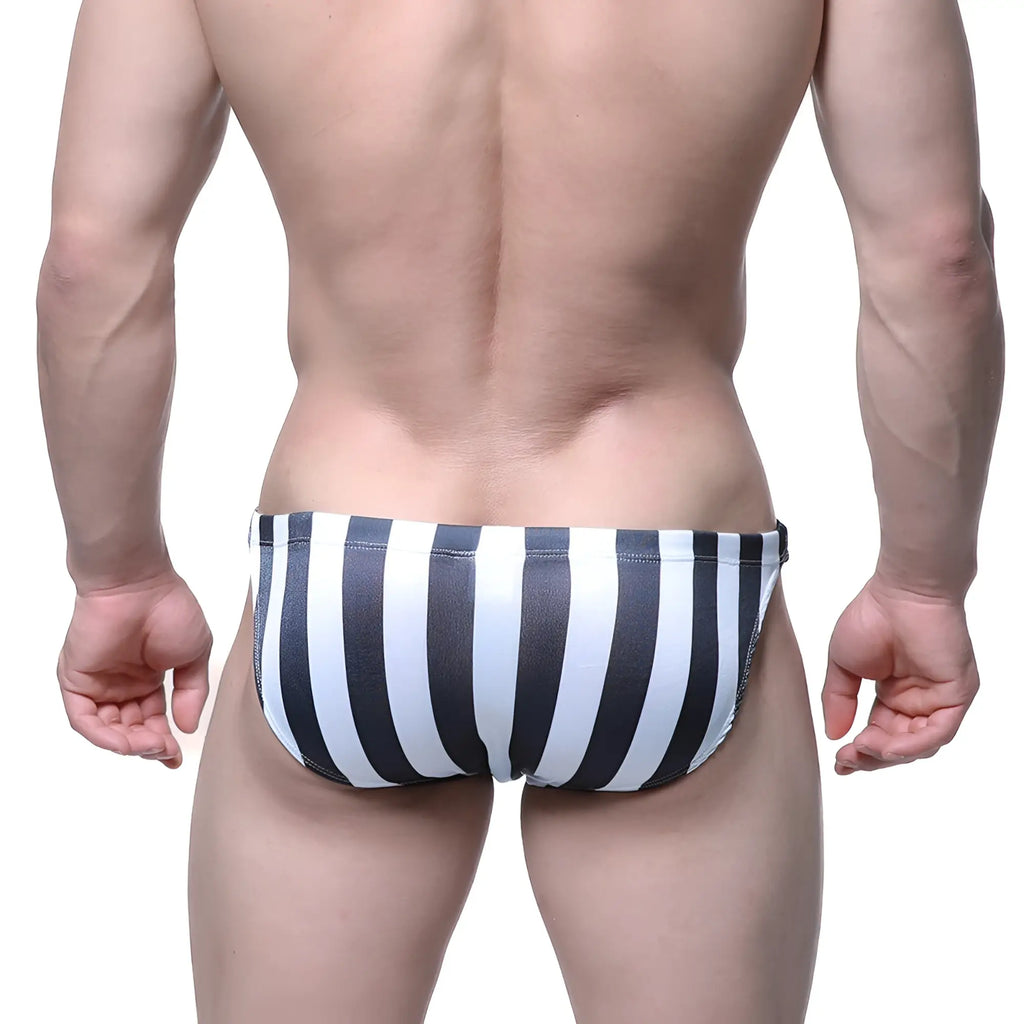MetroMaleWear classic swim bikini carusel 4937-49 black and white vertically striped swim trunks front view