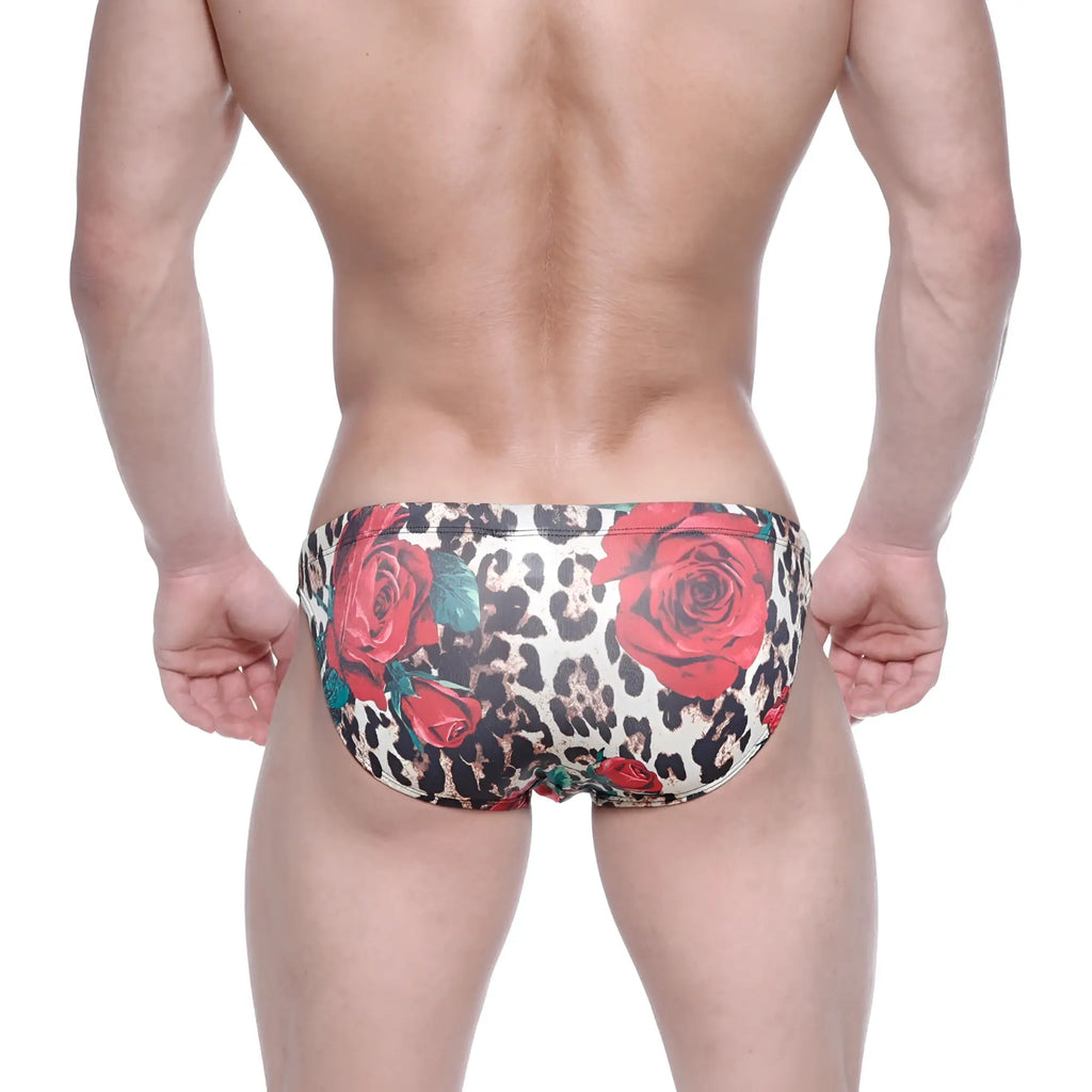 MetroMalewear classic swim bikini flora 4937-53 with a red rose pattern and leopard print swim trunks design
