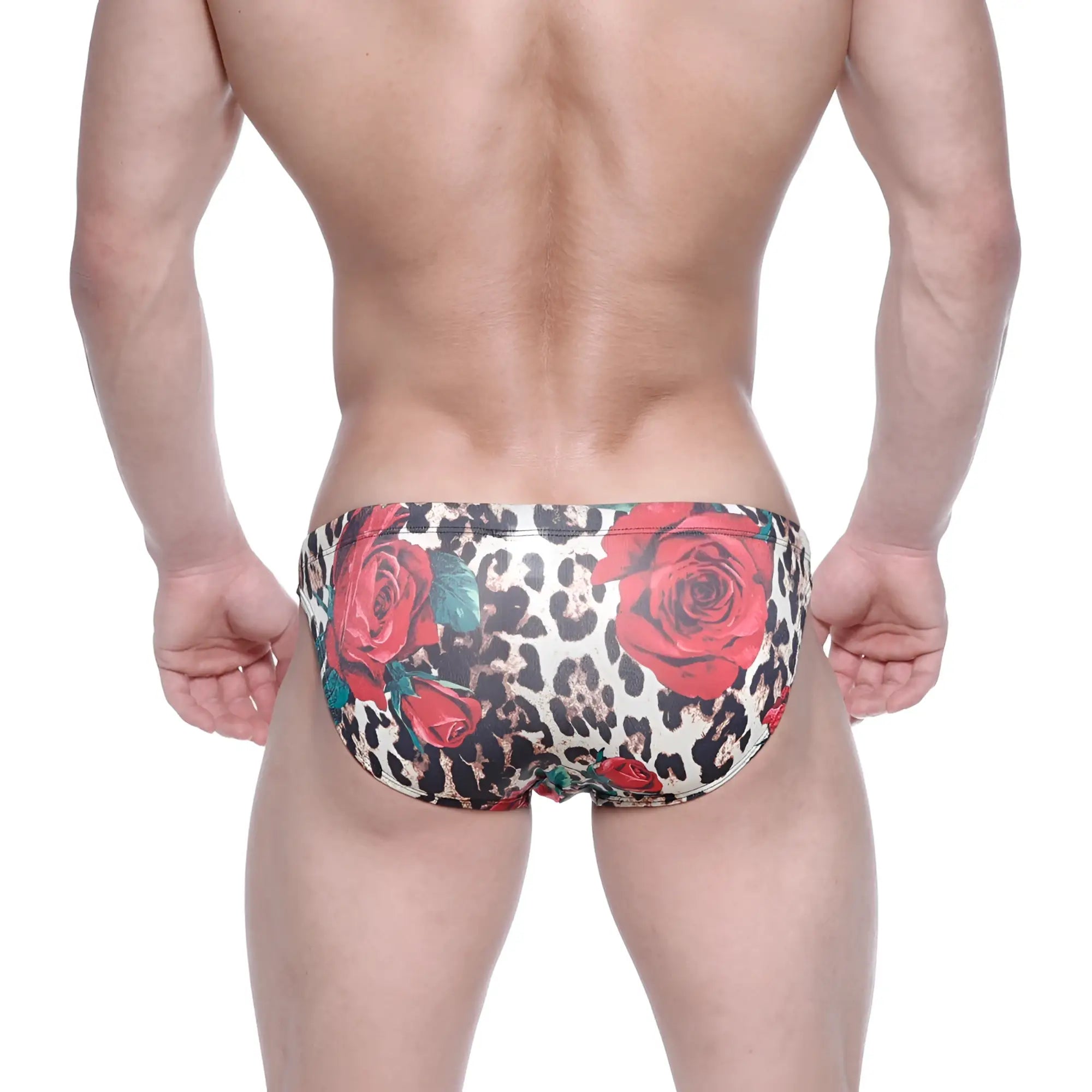 MetroMalewear classic swim bikini flora 4937-53 with a red rose pattern and leopard print swim trunks design