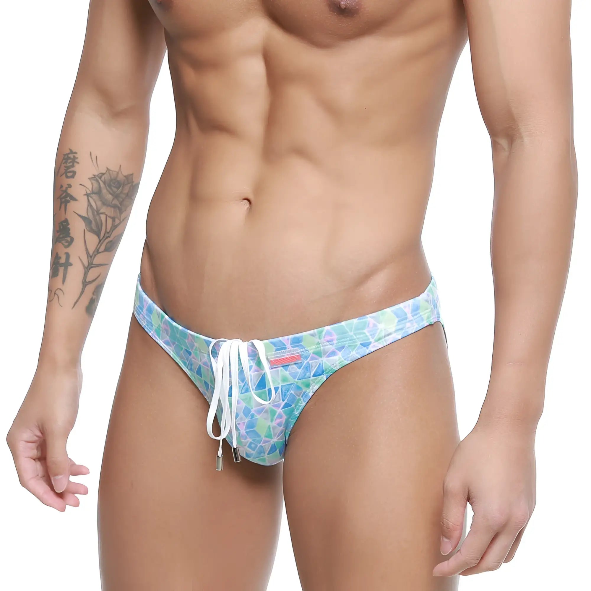 Blue and green geometric-patterned MetroMaleWear classic swim bikini Glass 4937-62 with white drawstring ties