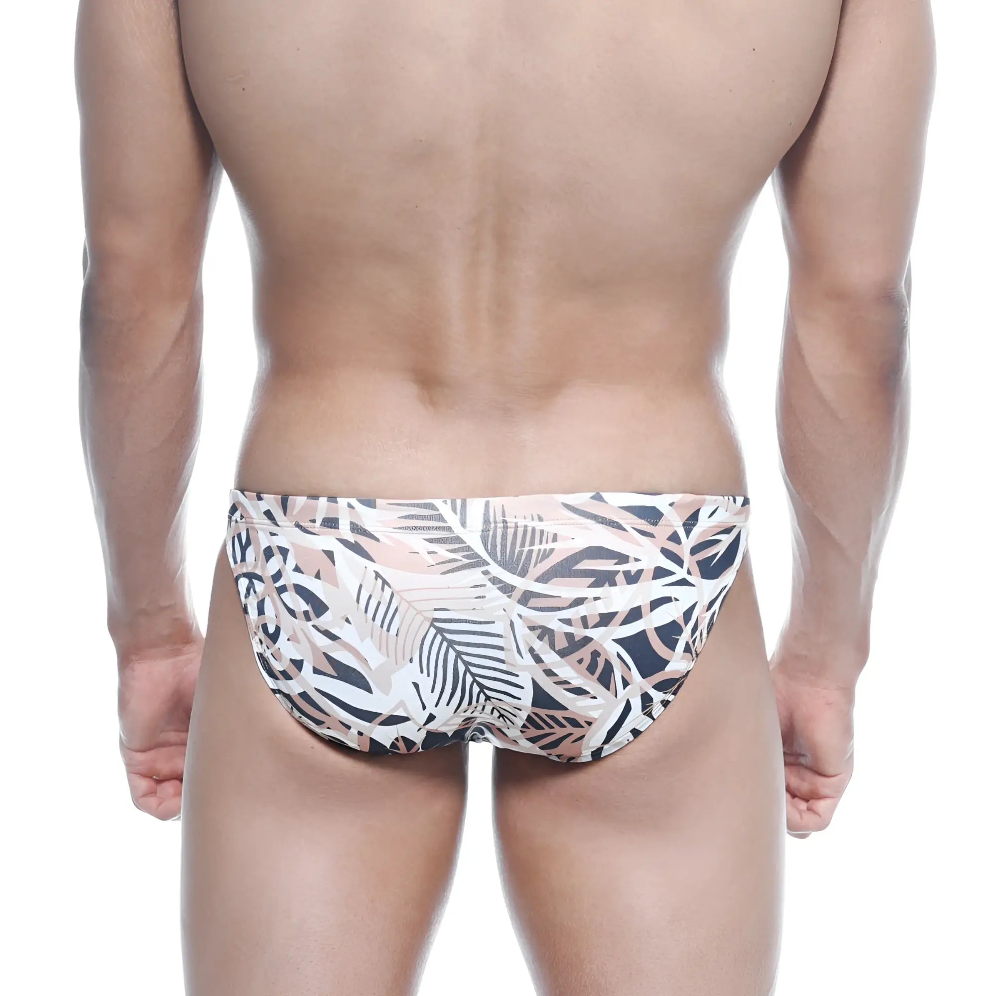 Men’s swim bikini metro malewear hoja 4937-54 with tropical leaf pattern in white black and soft pink on stretchy fabric