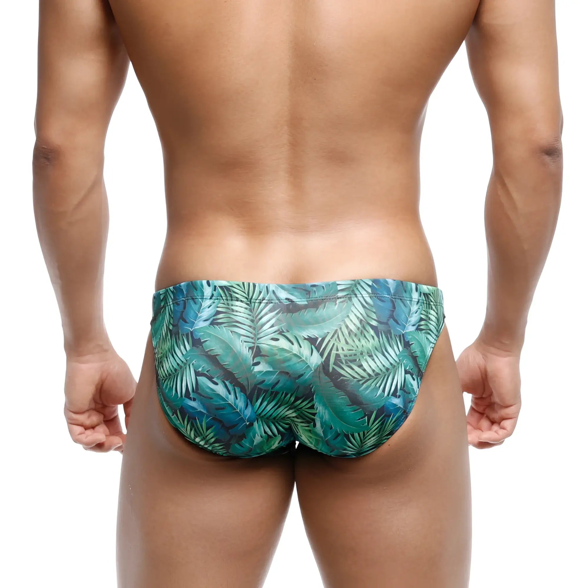 MetroMaleWear classic swim bikini jungle 4937-08 tropical leaf-patterned swim trunks in teal and green shades