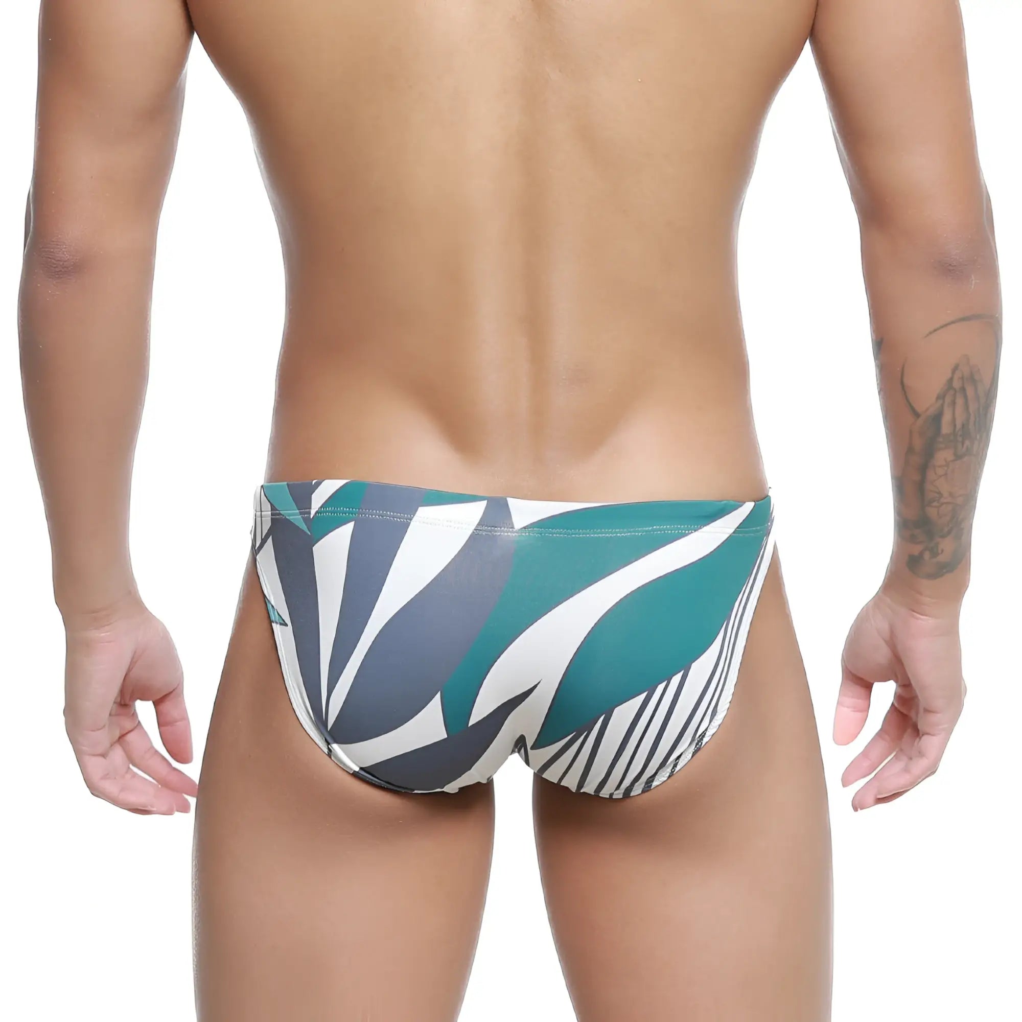 MetroMaleWear classic swim bikini meadow 4937-09 teal white and gray abstract leaf patterned swim trunks