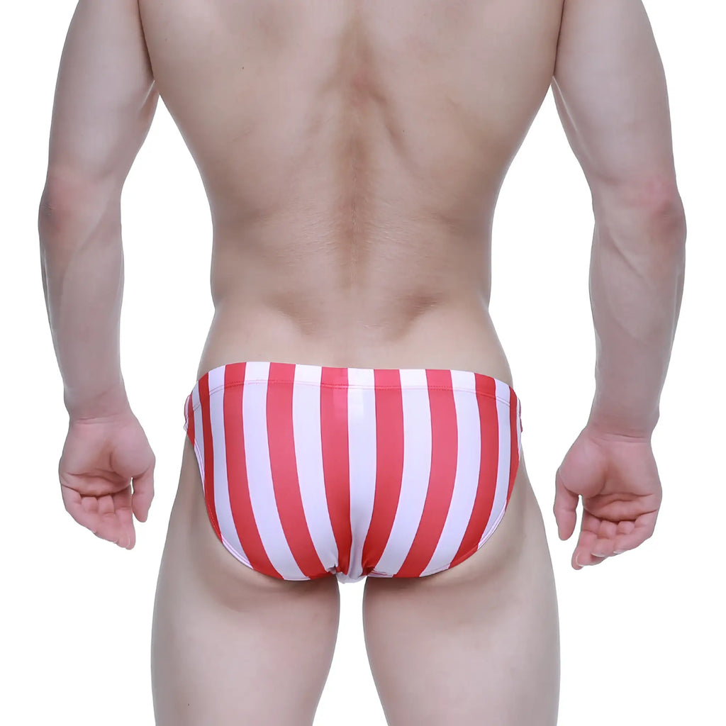 MetroMaleWear classic swim bikini with red and white vertical stripes for stylish summer beachwear