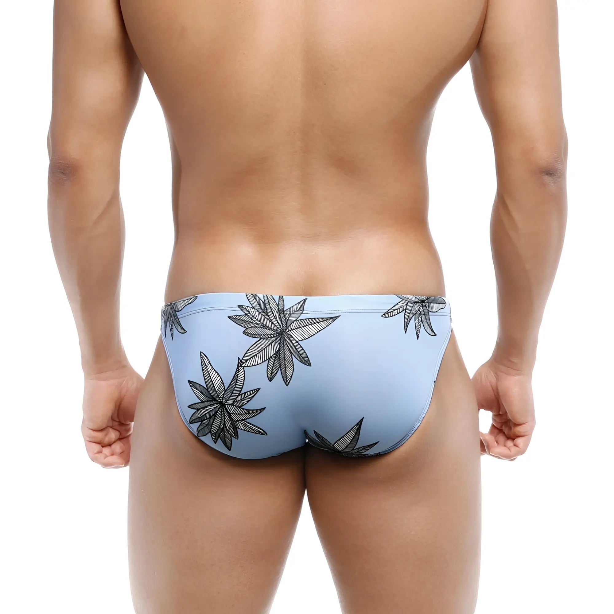 Light blue metroMalewear classic swim bikini featuring a black leaf pattern ideal for beachwear and swimming