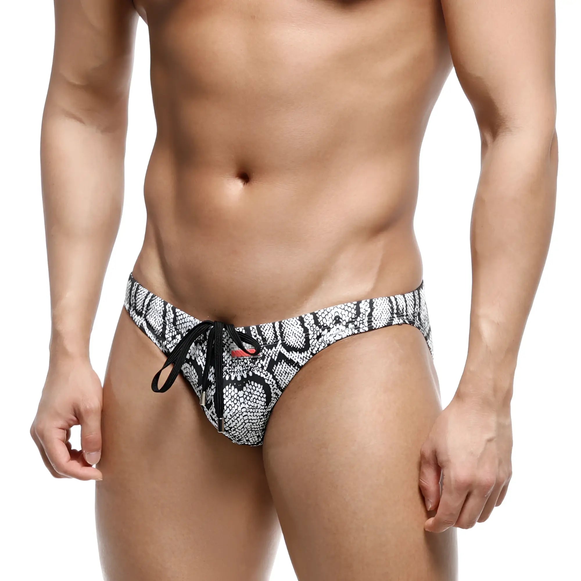 MetroMaleWear classic swim bikini snake 4937-60 black and white snake-scale patterned swim trunks with black drawstring tie