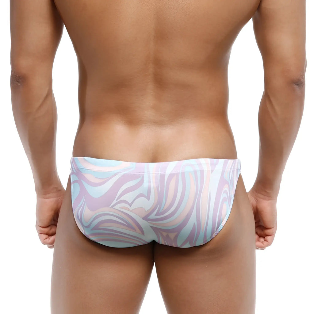 MetroMaleWear classic swim bikini swirl 4937-61 pastel swim trunks with swirling lavender light blue and white pattern