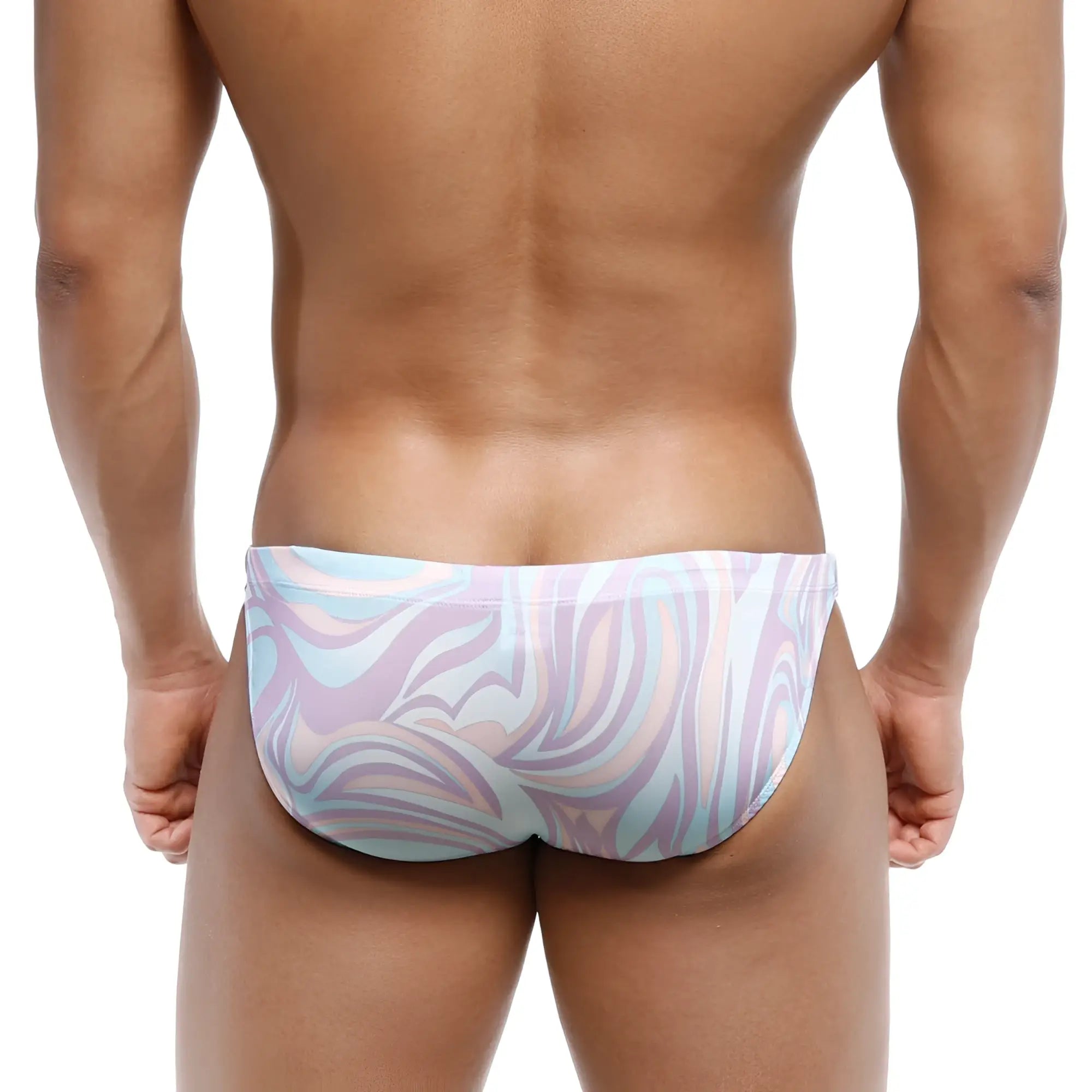 MetroMaleWear classic swim bikini swirl 4937-61 pastel swim trunks with swirling lavender light blue and white pattern