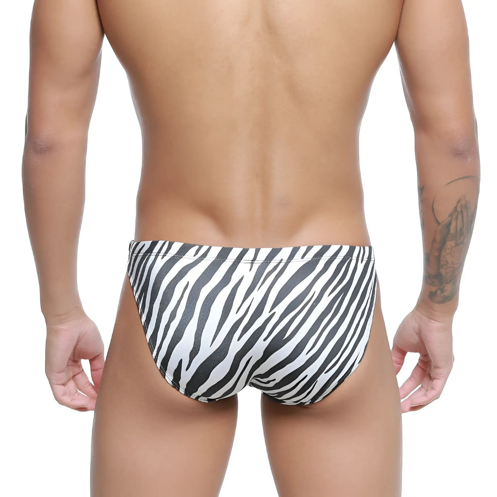 MetroMalewear classic black and white zebra-striped swim bikini trunks ideal for stylish beachwear