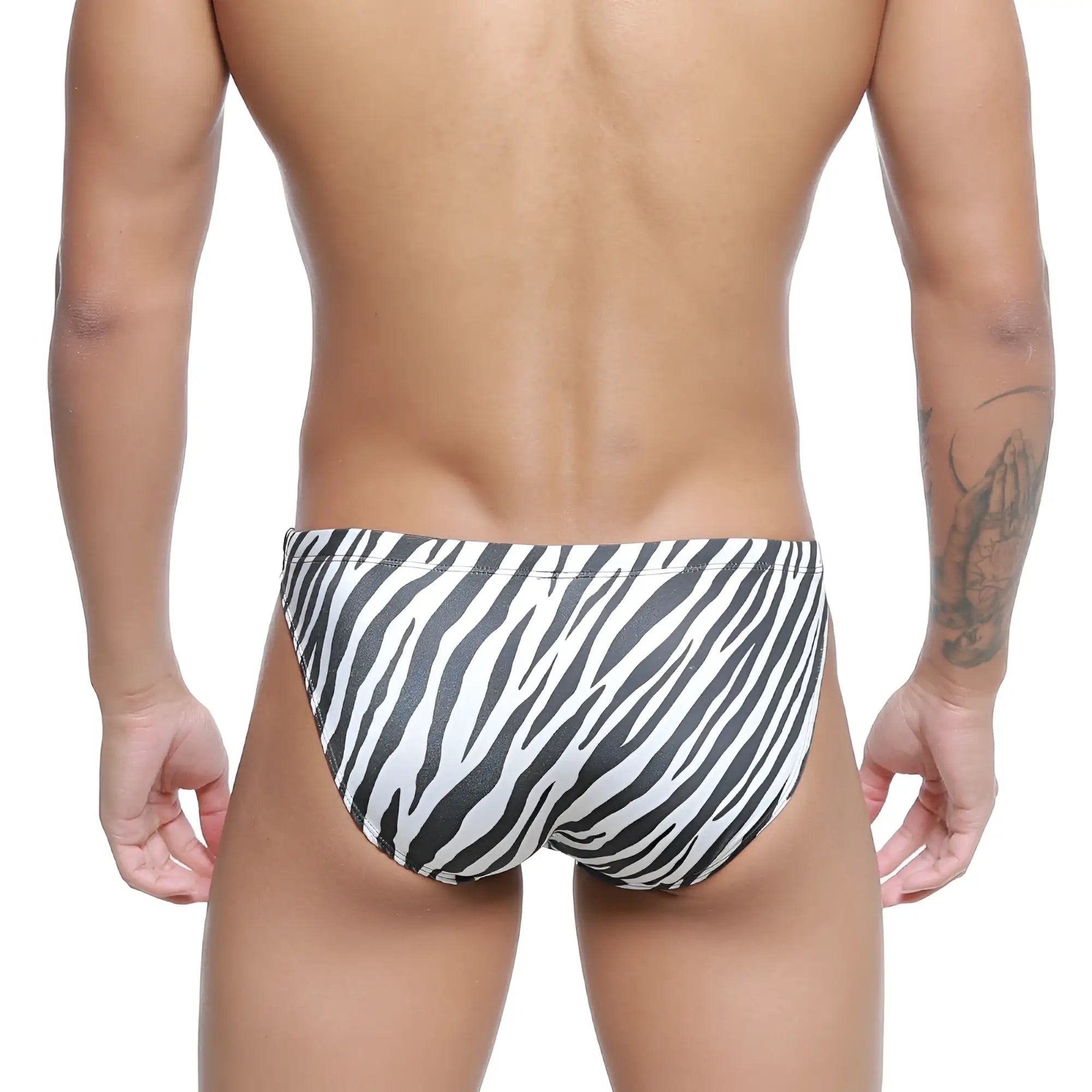 MetroMalewear classic black and white zebra-striped swim bikini trunks ideal for stylish beachwear