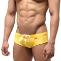 MetroMaleWear classic swim brief mango features bright yellow trunks with white drawstrings and a small red brand tag