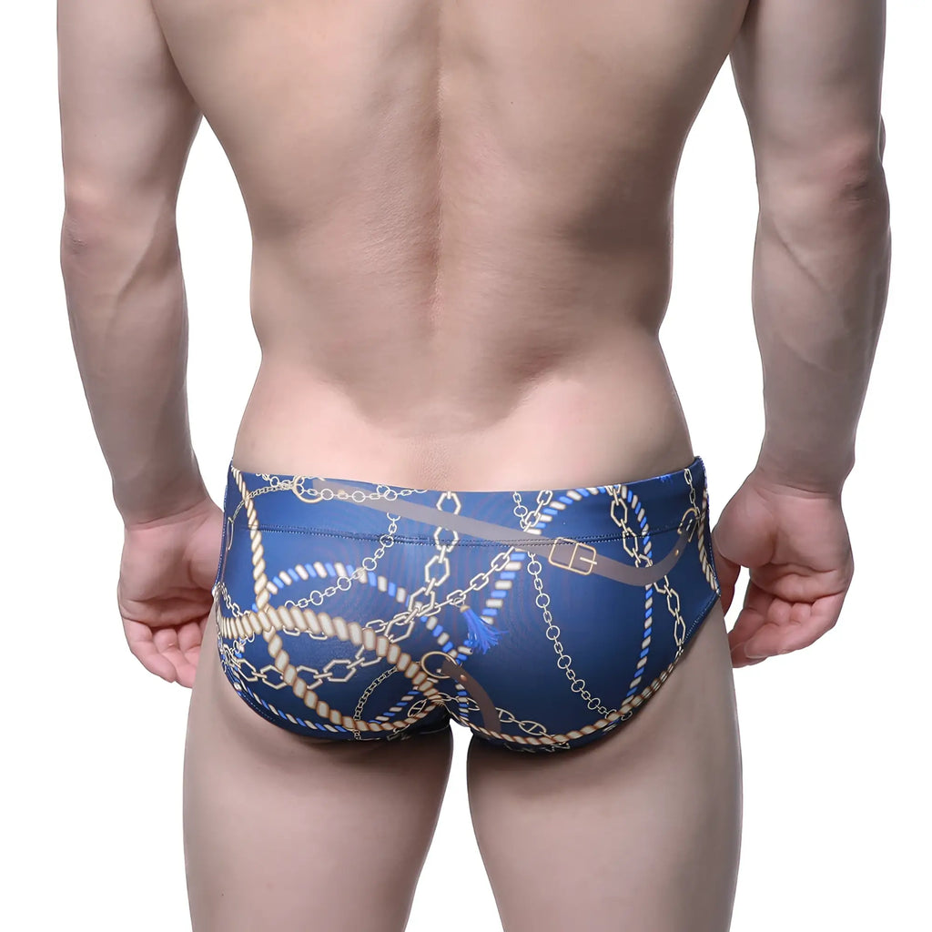 Blue swim trunks metro male wear classic swim brief mayor 4914-89 with bold gold chain and beige rope pattern