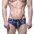 Blue swim trunks with gold chain pattern and black drawstring metro malewear classic swim brief mayor 4914-89