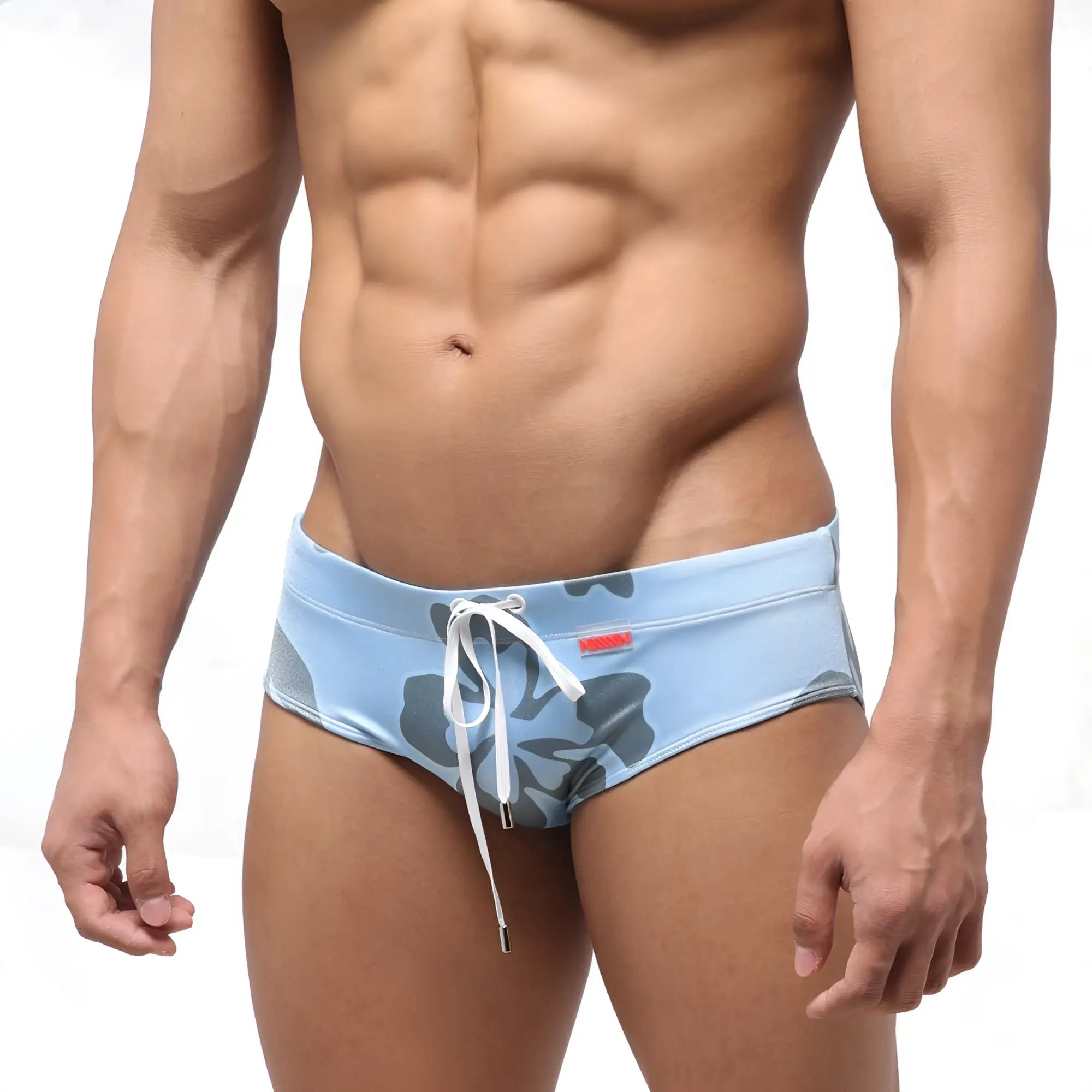 MetroMaleWear classic light blue swim briefs with gray floral pattern and white drawstring for stylish beachwear