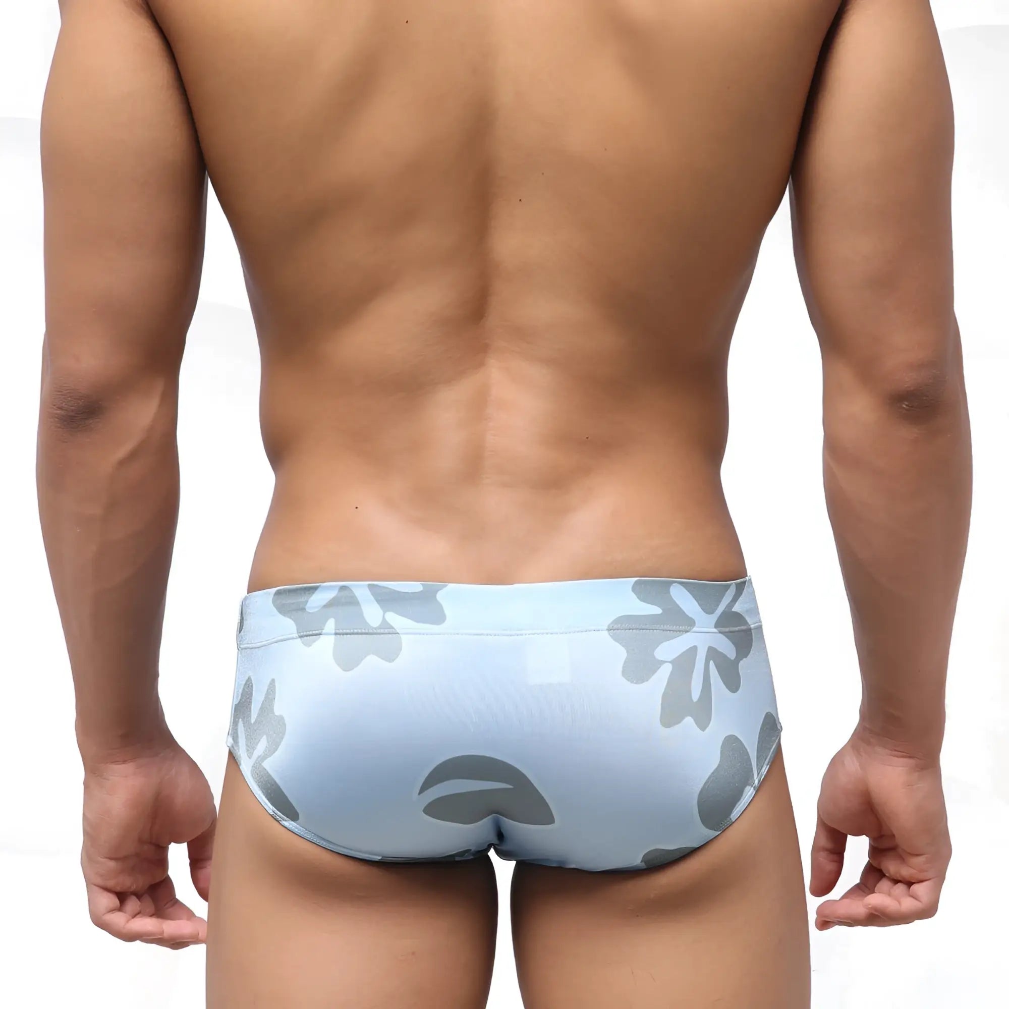 Light blue metro malewear classic swim brief with gray floral pattern for comfortable beachwear use