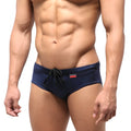 MetroMaleWear classic navy swim brief with black drawstring and red logo on waistband for comfortable swimming