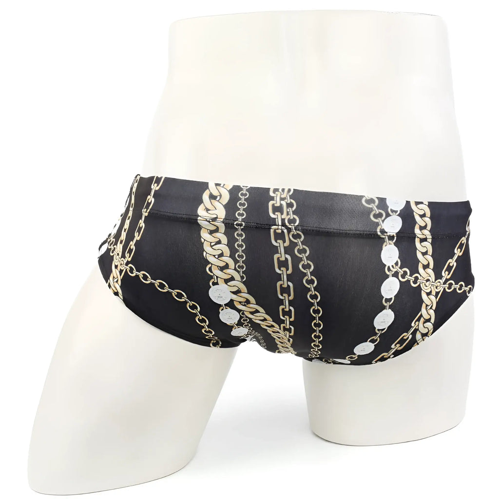 Black swim trunks with bold gold and silver chain and medallion pattern metro male wear classic swim brief rico 4914-95