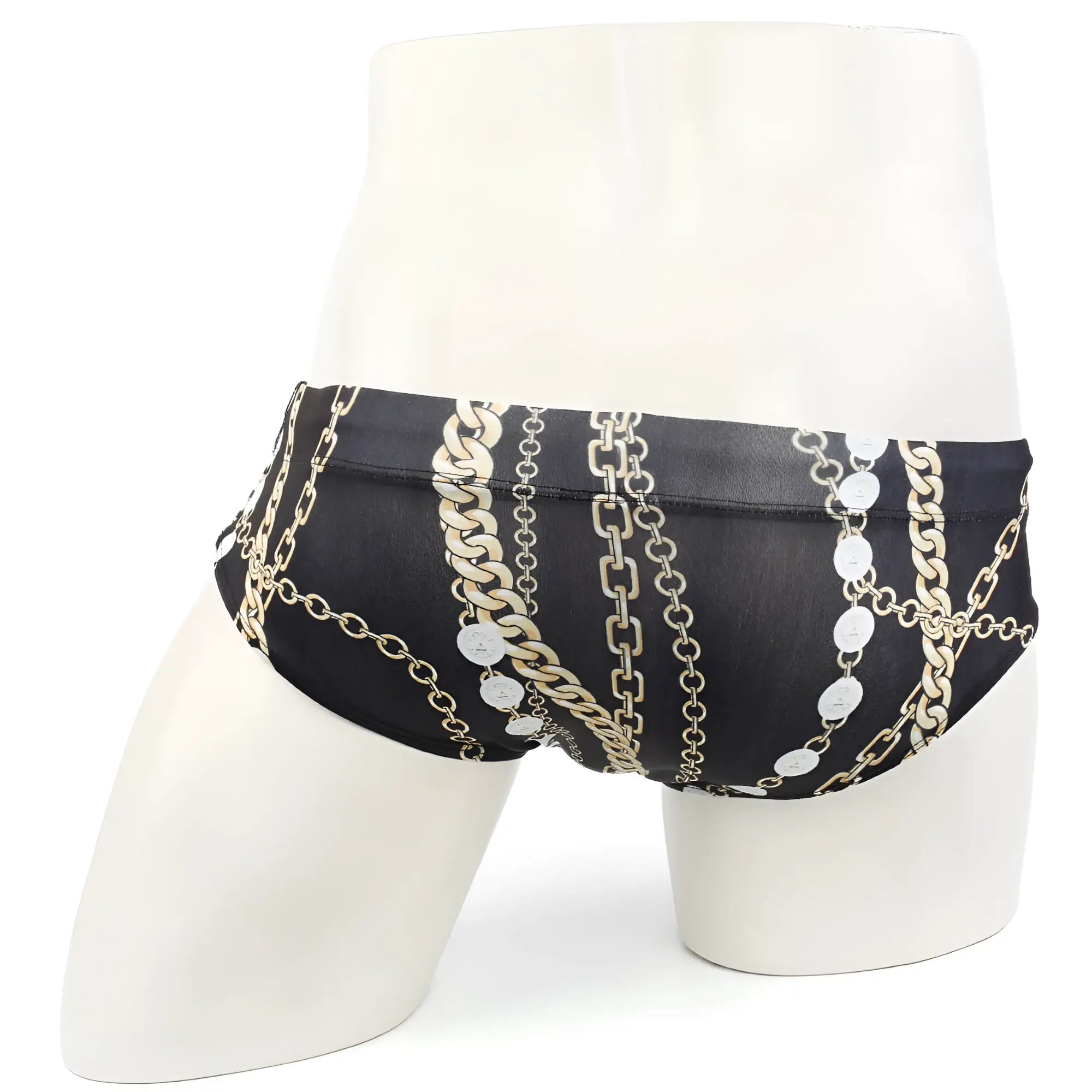 Black swim trunks with bold gold and silver chain and medallion pattern metro male wear classic swim brief rico 4914-95