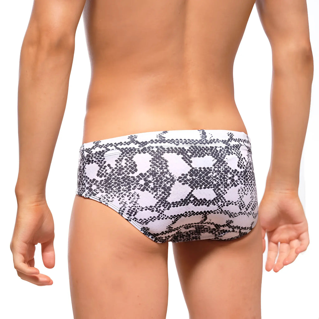 MetroMaleWear classic swim brief with white and black snake-scale pattern for stylish swimwear use