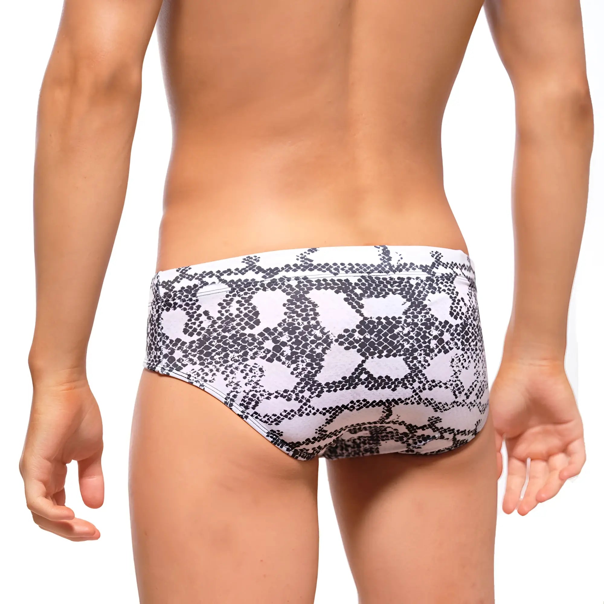 MetroMaleWear classic swim brief with white and black snake-scale pattern for stylish swimwear use