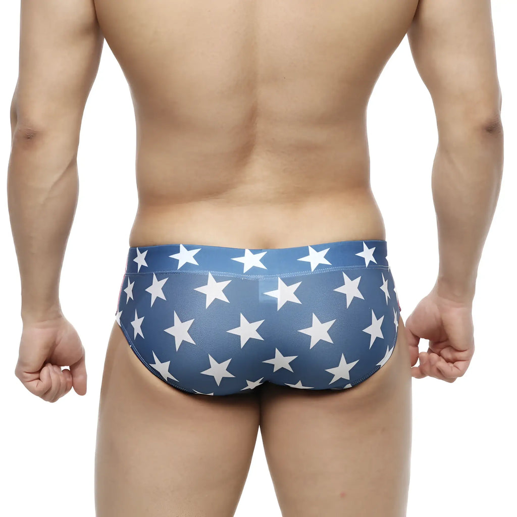 Blue swim trunks with white star pattern from MetroMaleWear classic swim brief USA 4914-92 for swimming and beach use