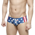 Blue swim trunks with white stars and red and white striped side panels and white drawstring closure metroMalewear classic swim brief usa 4914-92