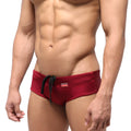 Metro male wear classic swim brief wine red with black drawstring and small red brand tag ideal for swimming