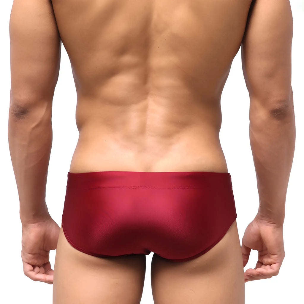MetroMaleWear classic swim brief wine 4914-42 is a sleek satin-finish red swim trunk with a snug, smooth fit