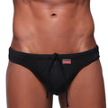 MetroMaleWear classic swim thong black 4902-20 with subtle textured fabric and red logo on waistband