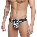 MetroMaleWear Classic Swim Thong Kenya 4902-30 black and white zebra-striped men’s swim trunks with black waistband and drawstring