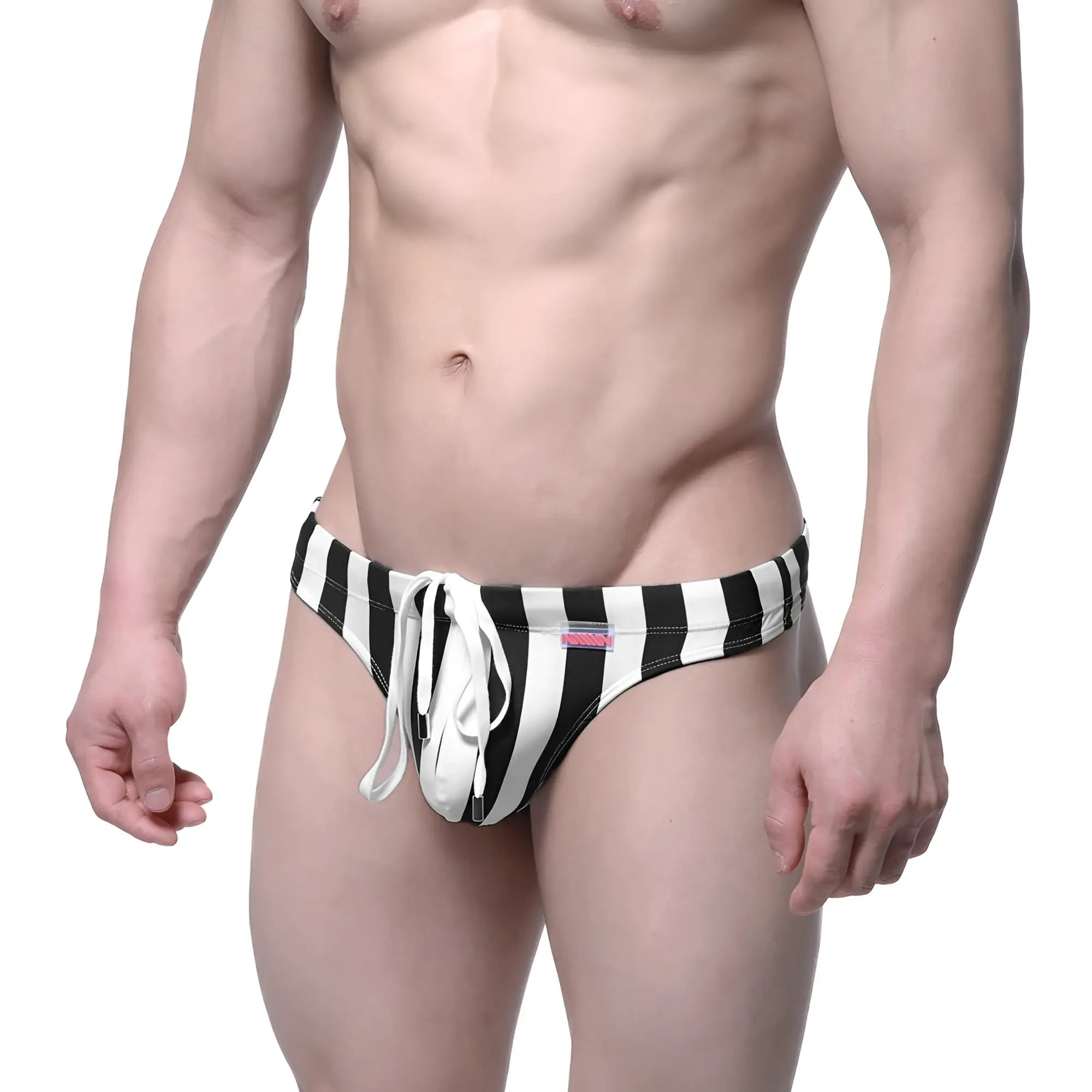 MetroMaleWear classic swim thong stripe 4902-34 with black and white stripes and white drawstring for swimming