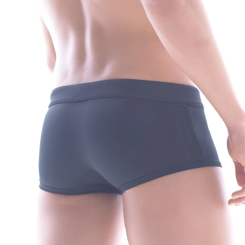 Dark gray form-fitting briefs with smooth stretchy fabric and snug waistband metro male wear classic swim trunk black