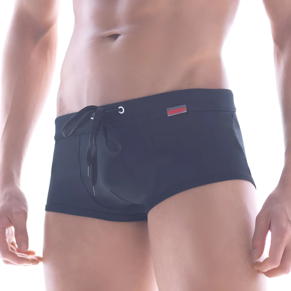 MetroMaleWear classic black swim trunk with drawstring waistband and small red logo on the side for beachwear