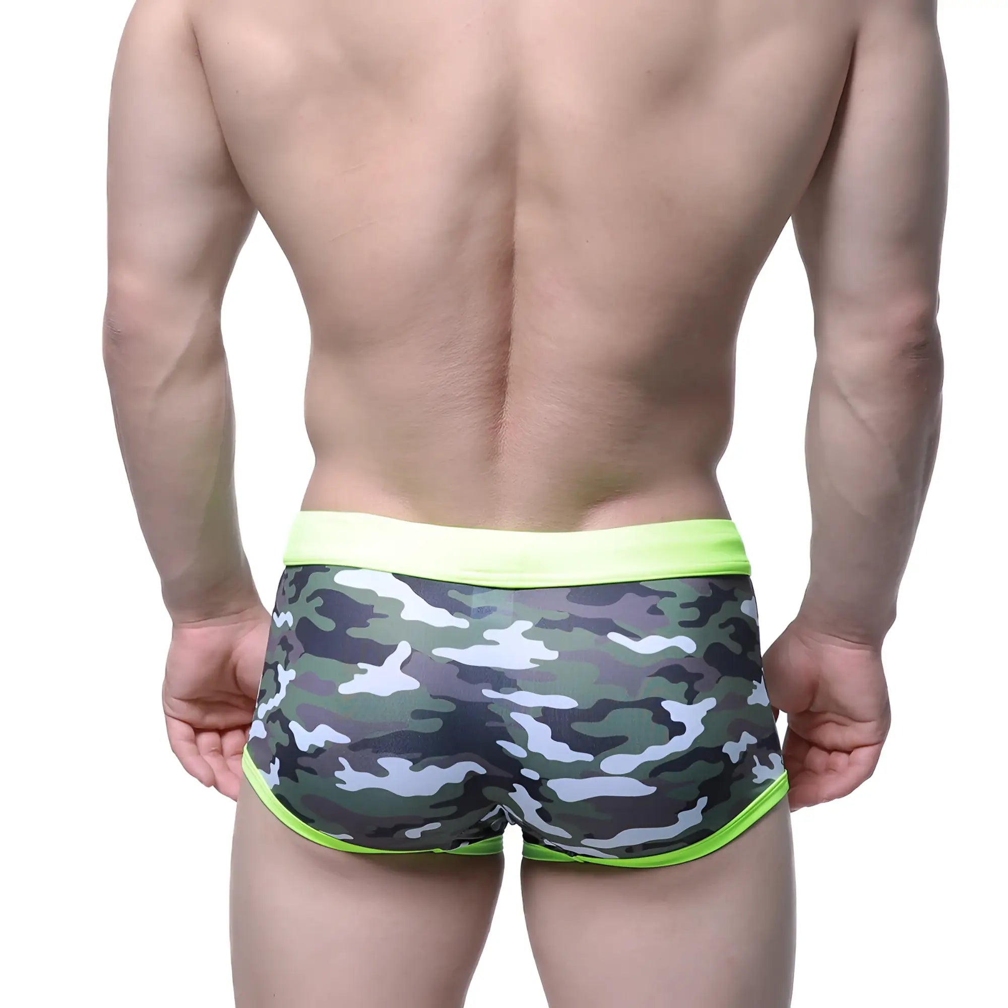 Men’s camouflage briefs with neon green waistband and trim by metromalewear classic swim trunk camo green 4932-91