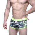 MetroMaleWear classic swim trunk camo green with neon green and camouflage pattern and white drawstring detail