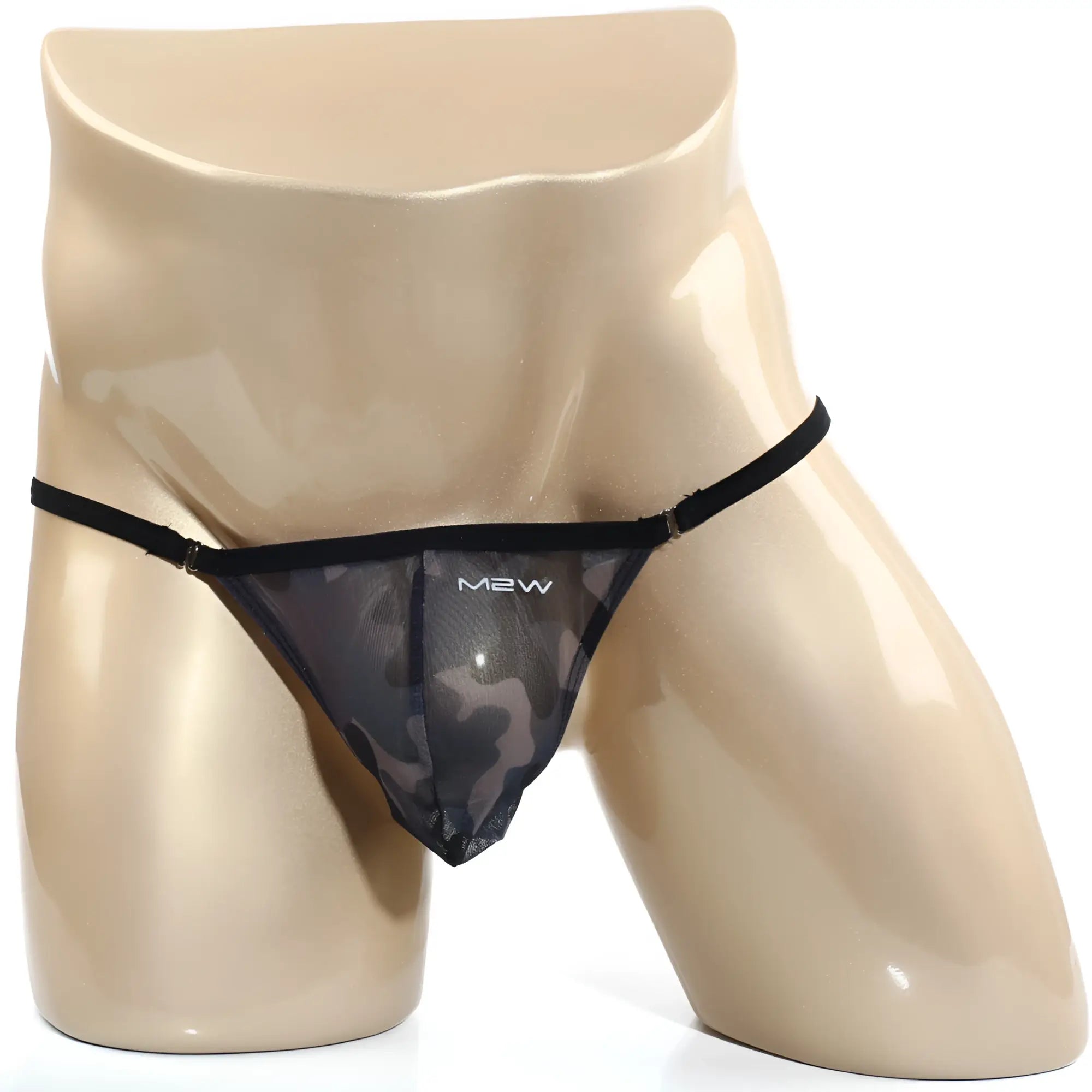 Black mesh thong with subtle camouflage pattern and thin black elastic waistband featuring m2w logo metroMaleWear cobra string camo