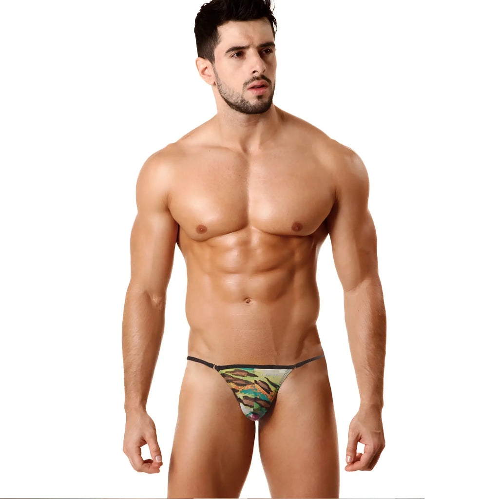 Camouflage-patterned thong with black trim in green by metromalewear cobra string 2214-60 shown from the back side