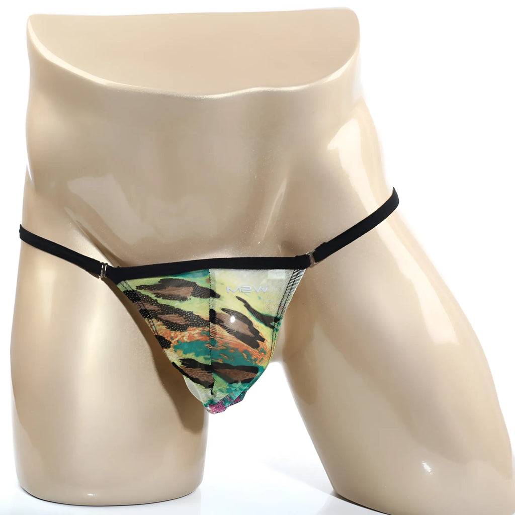 MetroMaleWear cobra string green 2214-60 translucent mesh thong with bold green brown orange leopard print and black straps
