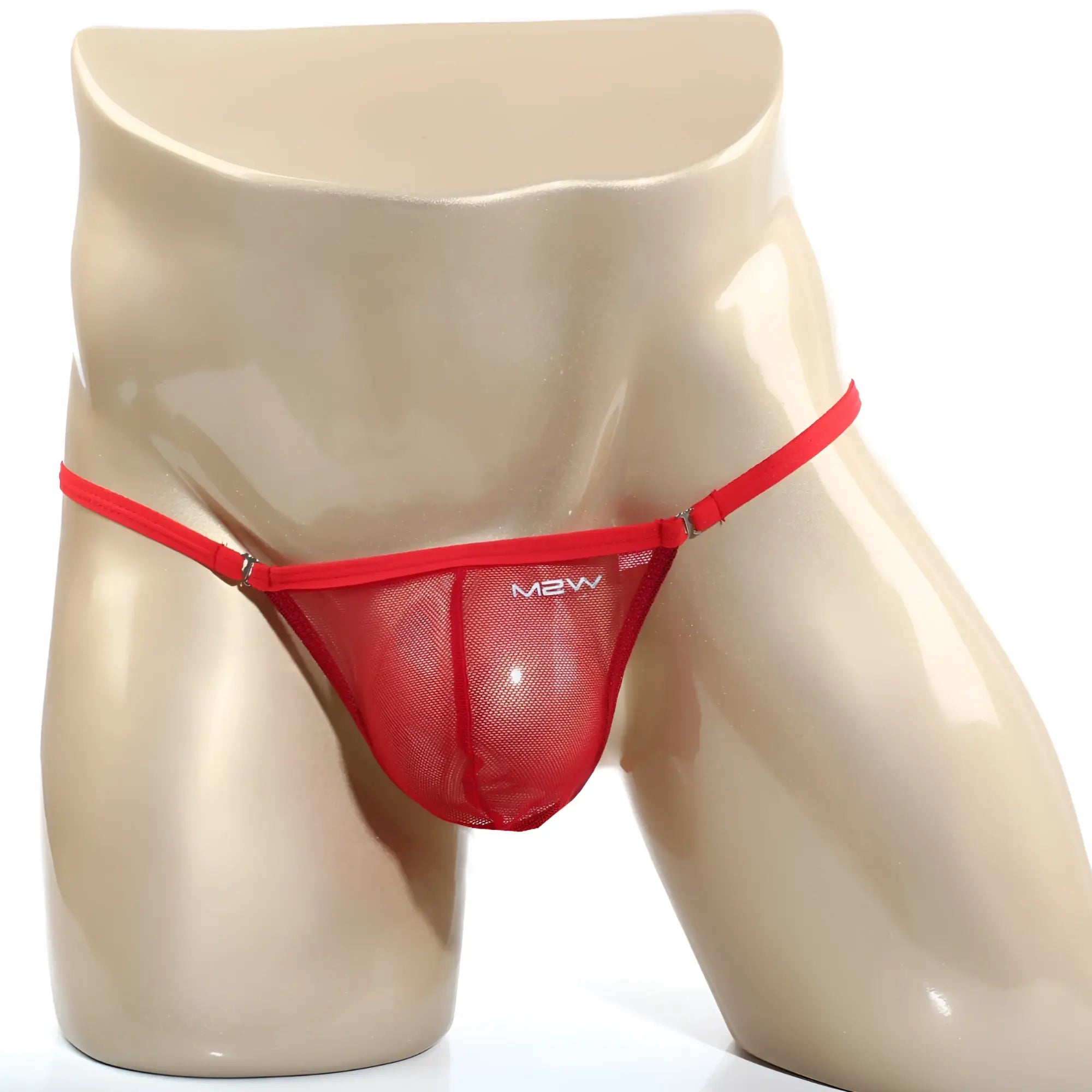Red mesh thong with thin straps and metallic clasp featuring mbw logo from metromalewear cobra string red 2214-12 collection