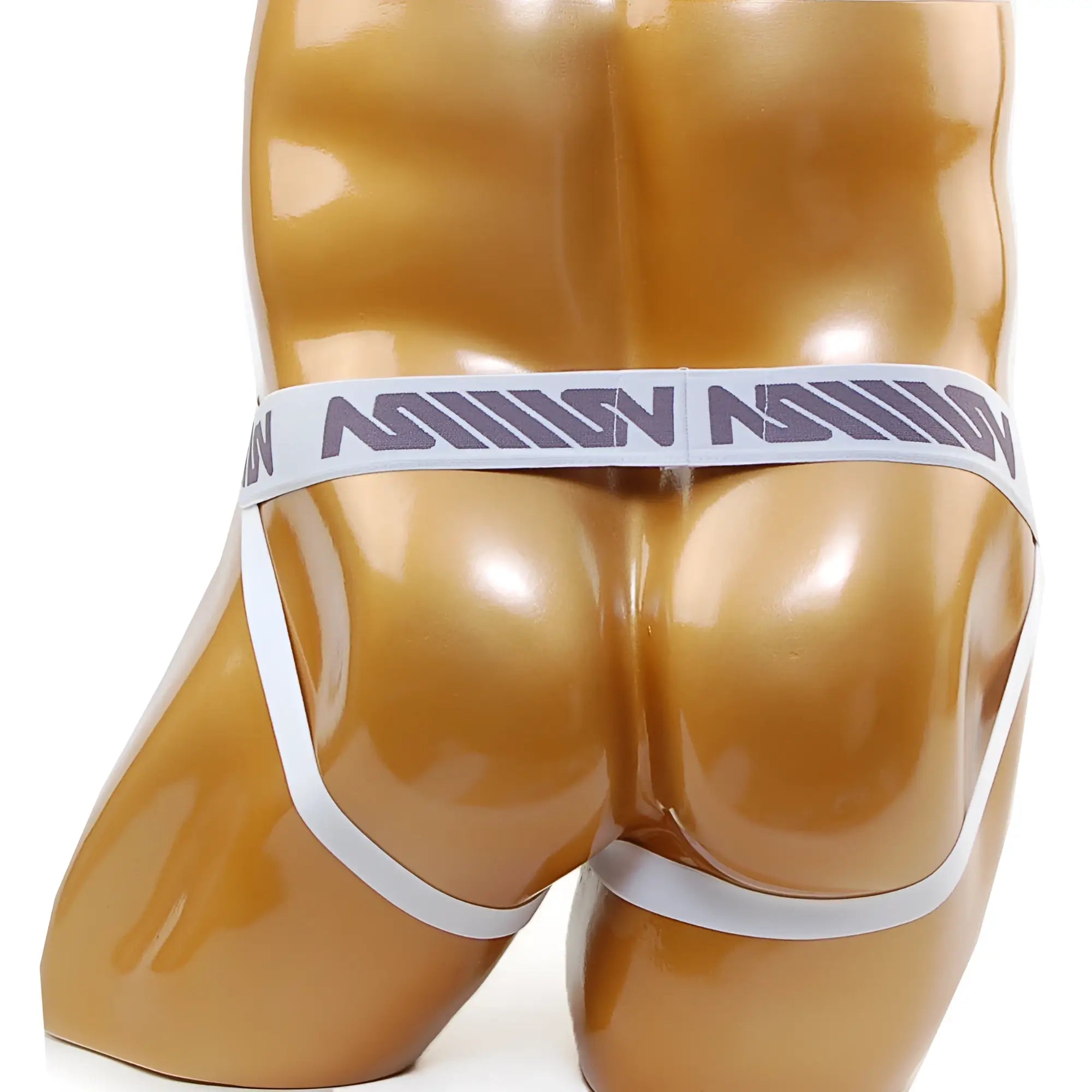 White athletic cock bra jock strap briefs with gray nation logo waistband for metro male wear