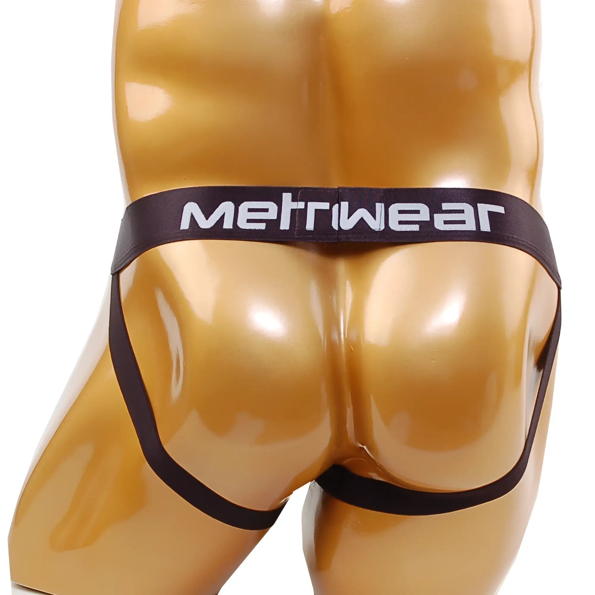 Black metriwear brand briefs displayed on a glossy gold mannequin torso featuring white contrast jock strap details