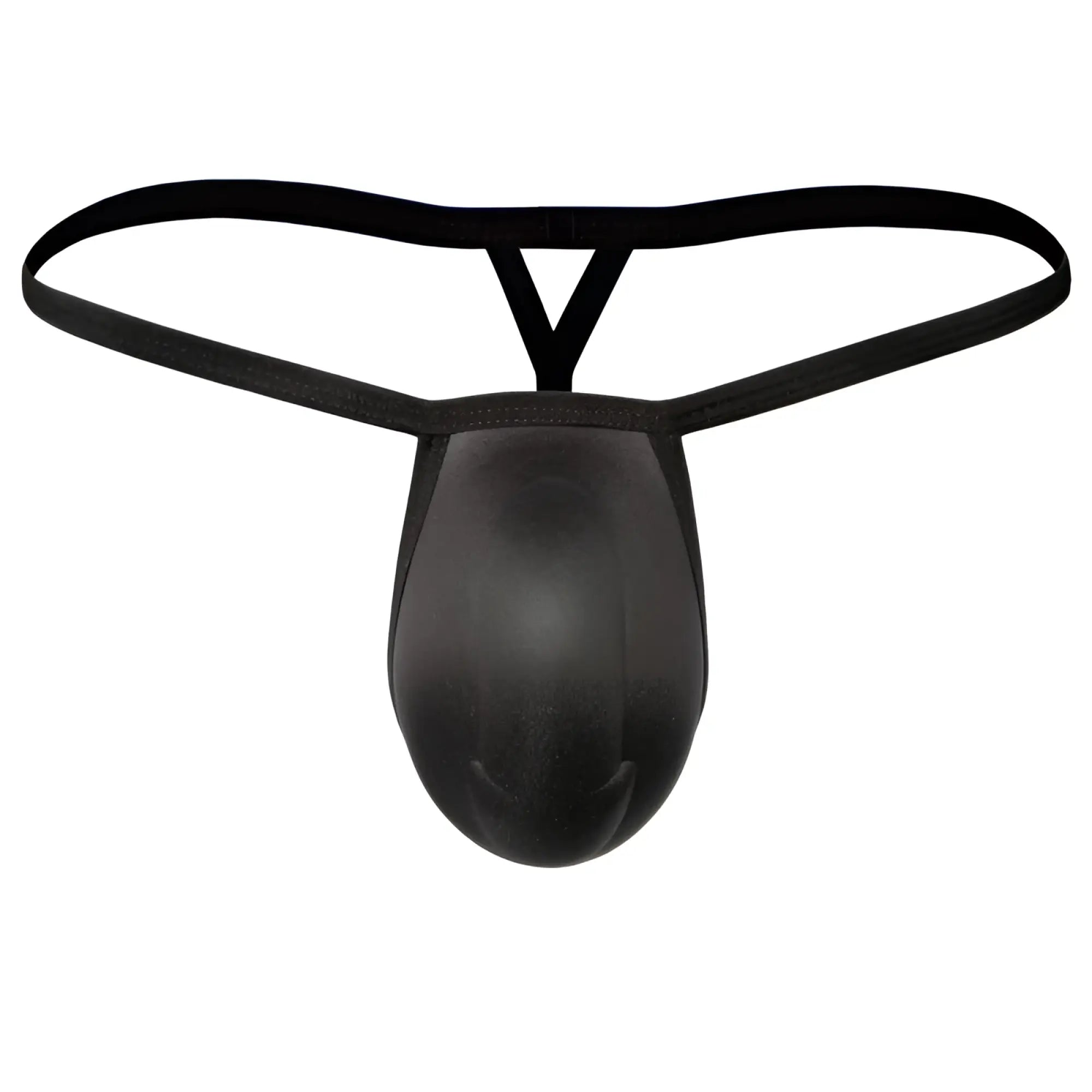 Black thong-style cock bra thong by metromalewear with smooth textured fabric and thin elastic straps