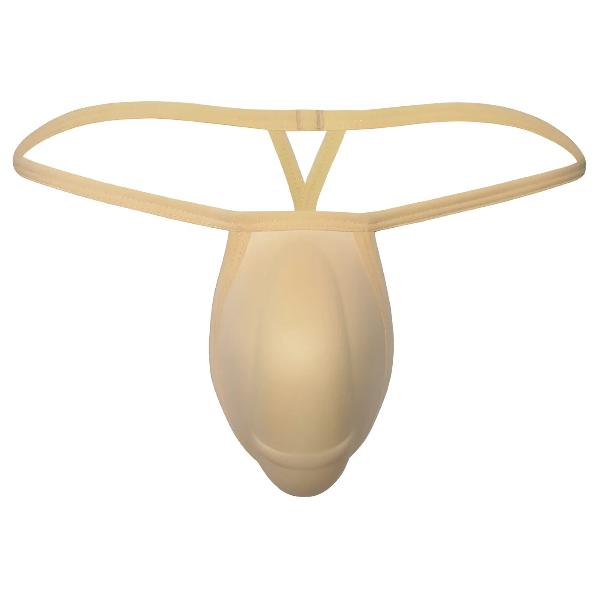 Beige seamless form-fitting thong with stretchy fabric and supportive triangular strap design from metromalewear cock bra thong nude