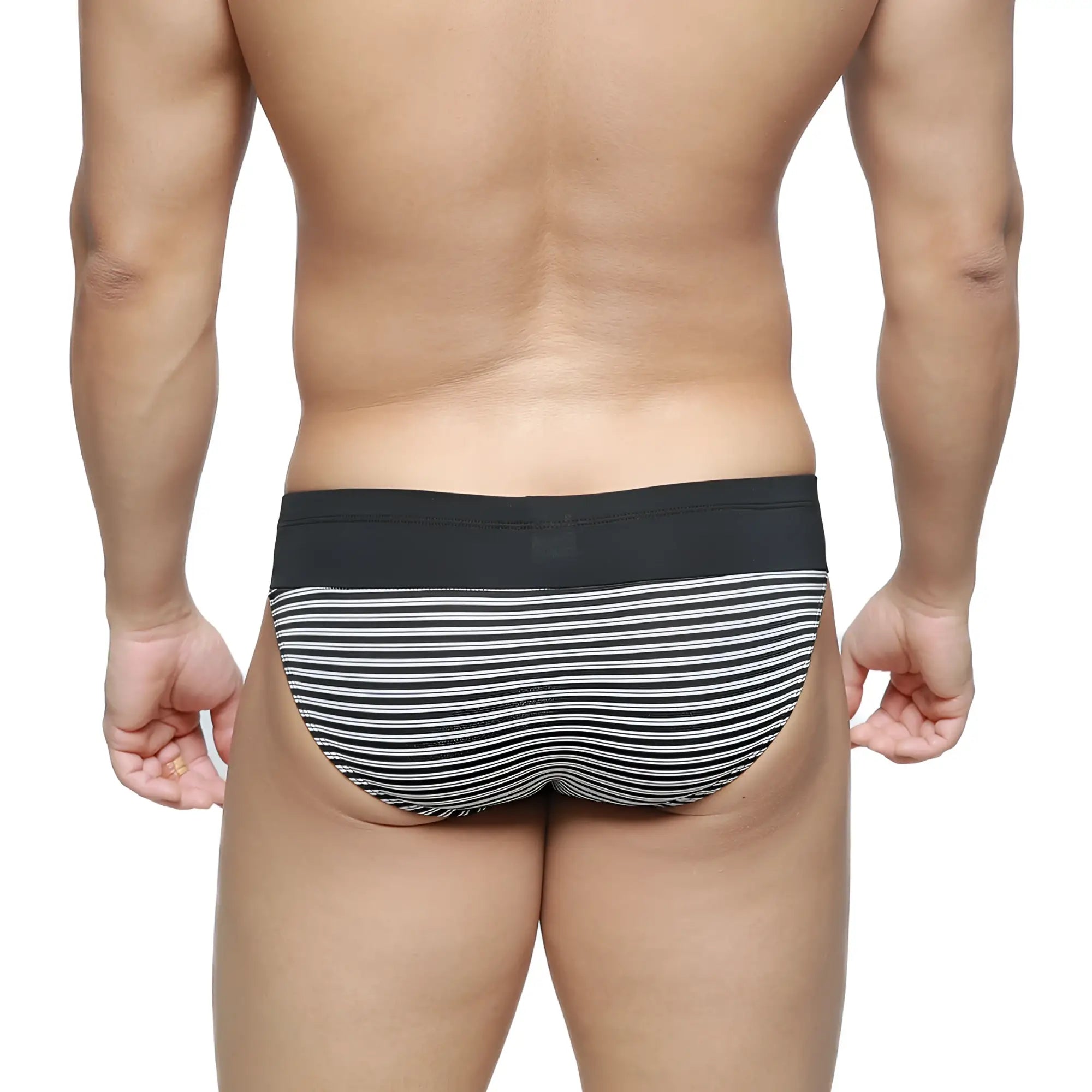 MetroMaleWear Colina bikini briefs with black and white stripes and a solid black waistband for comfortable wear