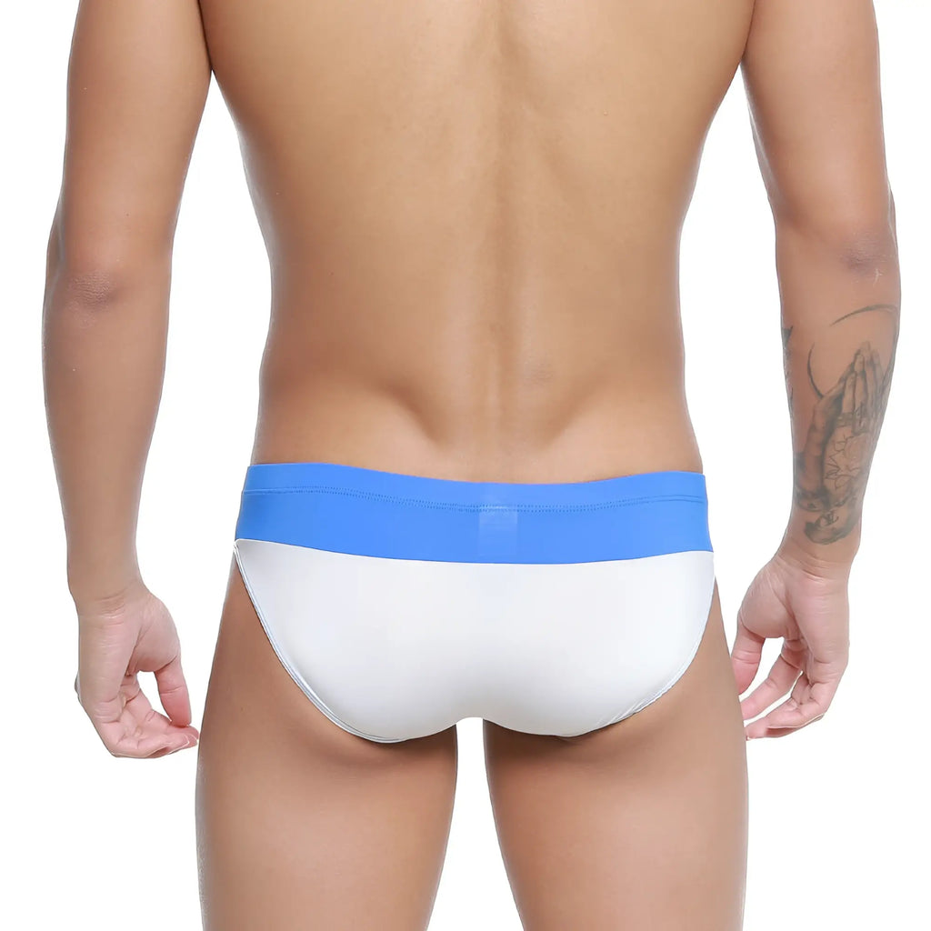 White briefs with a solid royal blue waistband from MetroMaleWear Colina bikini 5144-18 for comfortable daily wear