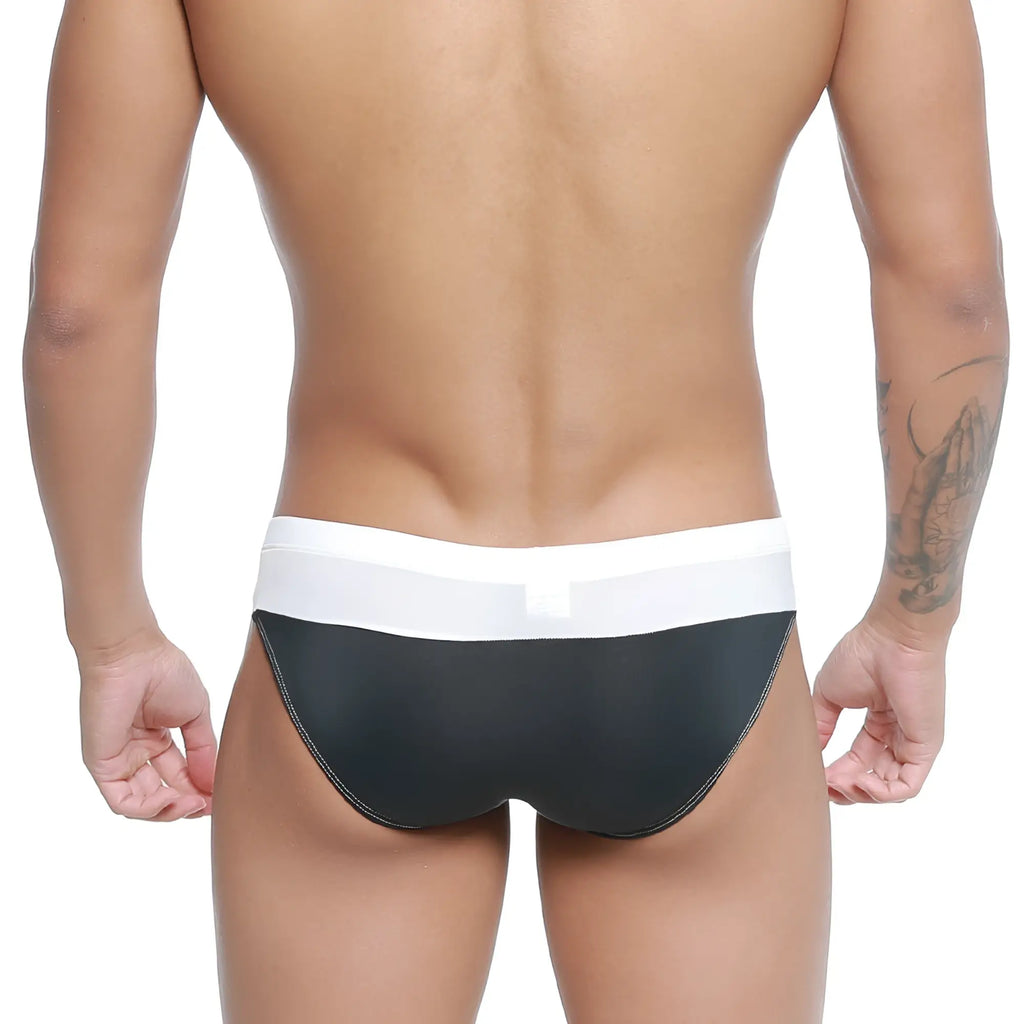 Black and white briefs with sleek modern design by metromalewear colina bikini white 5144-00 front view