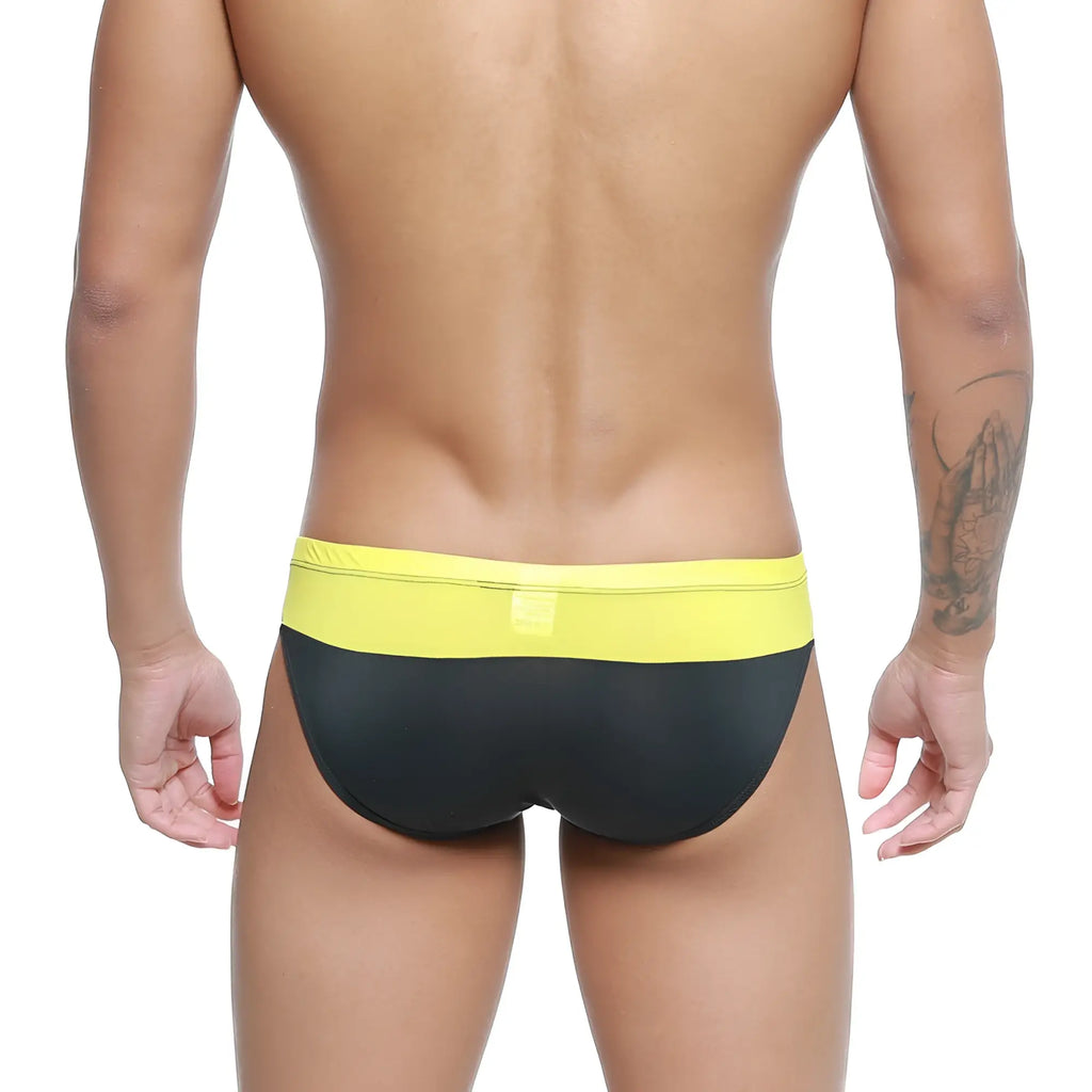 Black and yellow swim trunks with bright yellow waistband from MetroMaleWear colina bikini 5144-15 for beachwear
